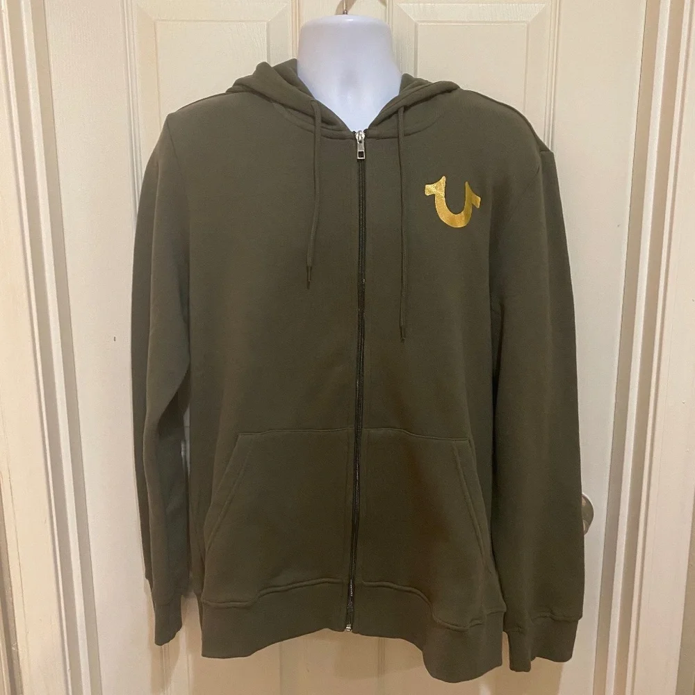 NWT True Religion‎ City Buddha Zip Up Hoodie Jacket Olive Green & Gold- Large